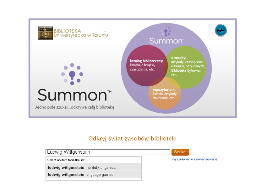 Multiwyszukiwarka Summon na UMK - przykładowe wyszukiwanie